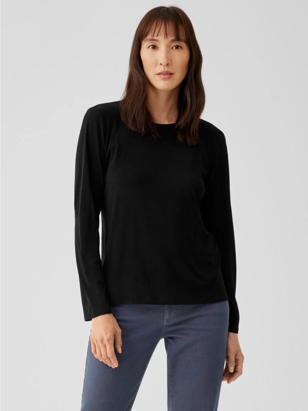 Eileen Fisher Black Long-Sleeve Crewneck Top